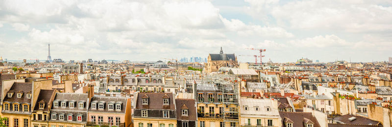 Panoramic view, aerial skyline of paris on city center, eiffel tower, sacre coeur basilica, churches