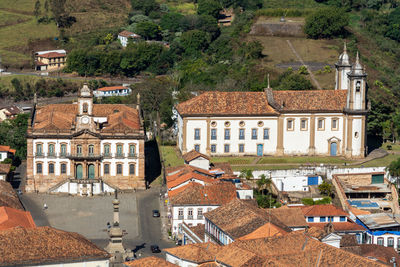 High angle view of buildings in town