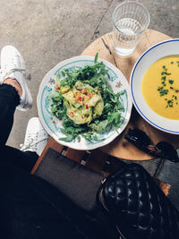 High angle view of food served on table