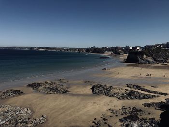 Scenic view of beach against clear sky