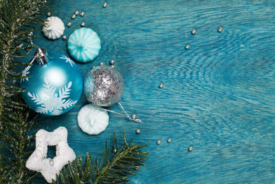 High angle view of christmas decorations on table