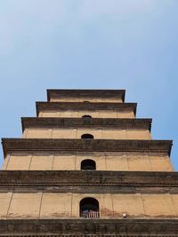 Low angle view of historical building against clear blue sky