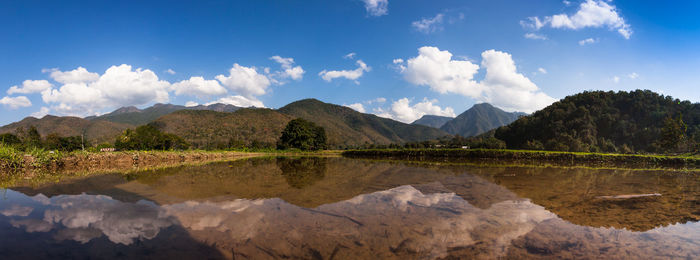 Panoramic view of lake and mountains against sky