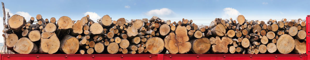 Panoramic view of logs stacked in truck