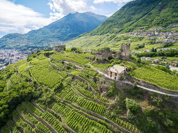 Scenic view of green mountains against sky