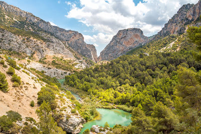 Scenic view of river amidst mountains against sky