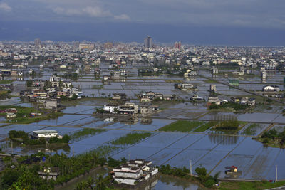 High angle view of cityscape against sky