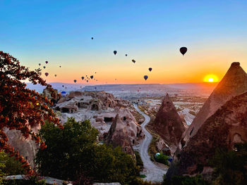 View of hot air balloon at sunrise 