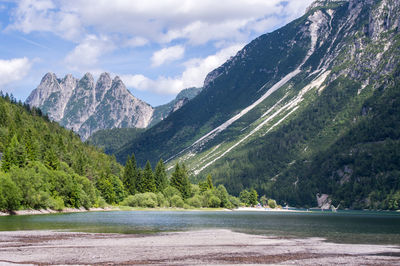 Scenic view of sea and mountains against sky