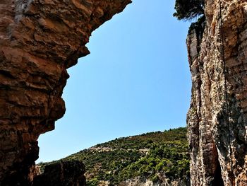 Low angle view of rock formations against sky