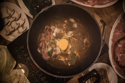 High angle view of food in cooking pan