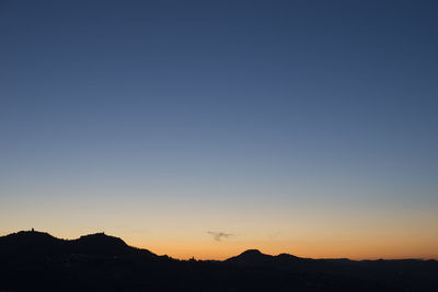 Scenic view of silhouette mountains against clear sky