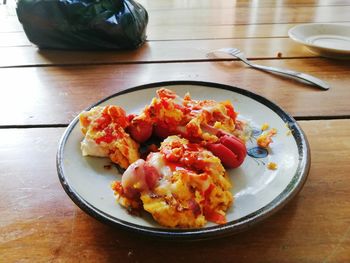 High angle view of food in plate on table