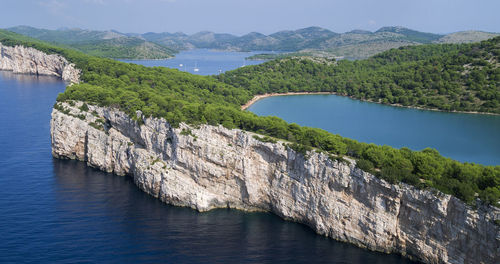 Aerial view of telascica nature park, with the cliffs and salt lake mir