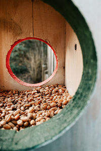 Close-up of bird seed inside a bird feeder