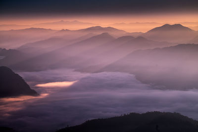 Scenic view of mountains against sky during sunset