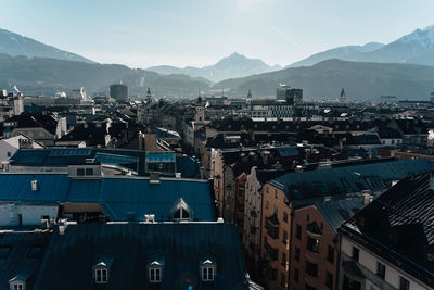 High angle view of buildings in town