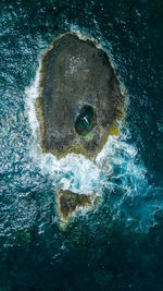 Drone view of man swimming in tidal pool