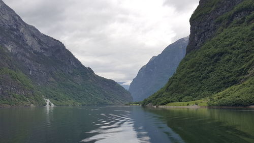 Scenic view of lake against cloudy sky