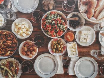 High angle view of food served on table