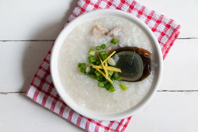High angle view of soup in bowl on table