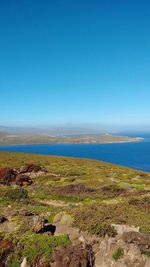 Scenic view of sea against clear blue sky