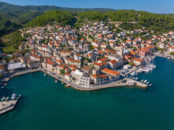 High angle view of boats in sea