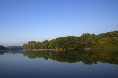 Reflection of trees in lake against clear sky