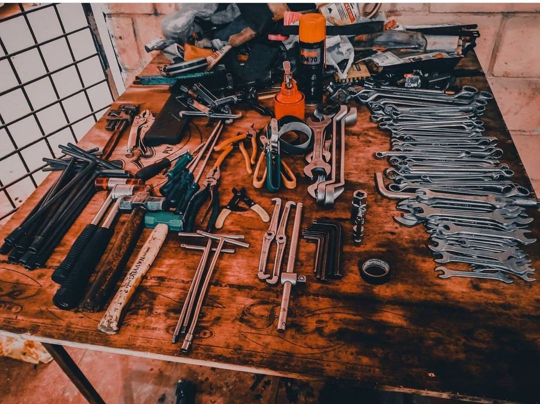 art, no people, metal, iron, large group of objects, high angle view, indoors, work tool, painting, still life, wood, transfer print, auto post production filter