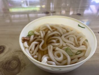 High angle view of noodles in bowl on table