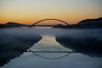 Silhouette bridge over lake against sky during sunset