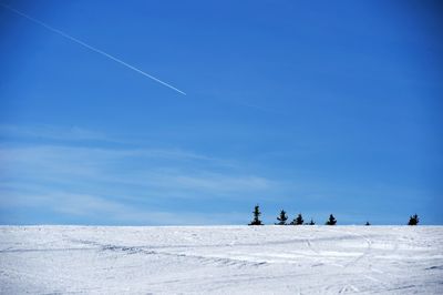 People on snow covered landscape against blue sky