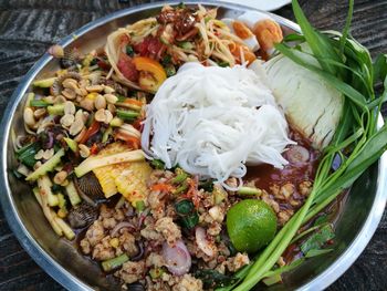 High angle view of meal served on table