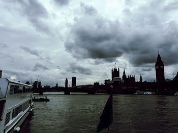 Calm sea with buildings in background against cloudy sky