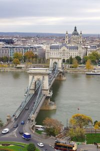 Bridge over river with city in background