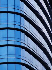 Low angle view of glass building against blue sky