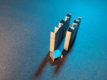 High angle view of blue toy on table