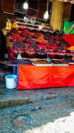 Multi colored vegetables for sale at market stall