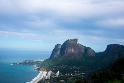 Scenic view of sea by mountain against sky