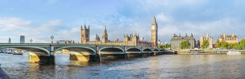 Bridge over river with buildings in background