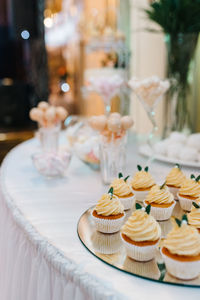 High angle view of cupcakes on table