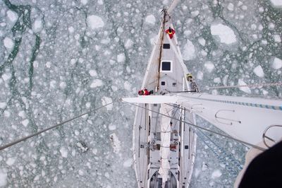 Directly above shot of sailboat on frozen sea