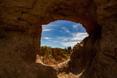 Rock formation seen through hole in cave