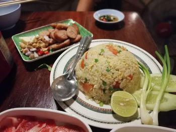 High angle view of food served on table