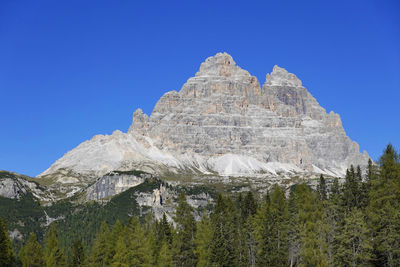 Low angle view of rocky mountains against clear blue sky