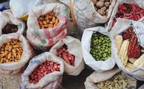 Close-up of vegetables for sale at market stall. mountain potatoes. colorfull potatoes