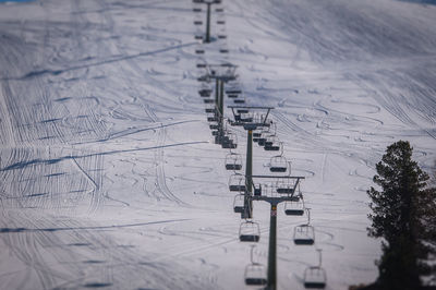 Tilt shift effect of traces in no people ski rope, passo falzarego, dolomites, italy