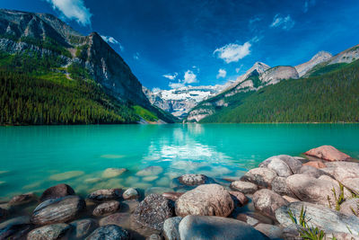 Scenic view of lake and rocks against sky