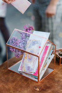 High angle view of open book on table