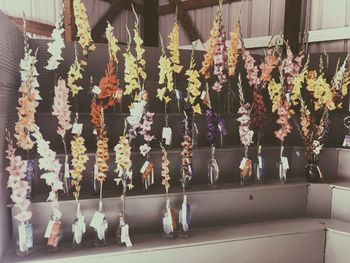 Close-up of flowers hanging on clothesline